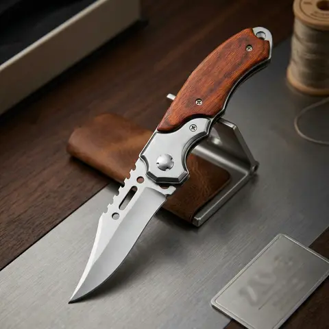 Folding EDC Pocket Knife - 8.2" Stainless Steel 5CR13MOV Blade, Wooden Handle with Pocket Clip, Portable Multipurpose Multi Functional Knives, Durable Outdoor Tool for Camping, Hiking, Cool Gifts for Guys Mens Gifts