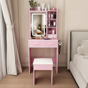 30.9×21.1×53in Small Makeup Vanity Desk with LED Mirror, Built-in Power Outlet/USB,Lighted Vanity Table, Hidden Storage & Padded Stool, Space-Saving for Small Bedrooms,Hairdryer rack, withdrawers