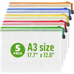 5 Pack Large A3 Mesh Zipper Pouch Bags 17.7x12.6 Inch, Plastic Mesh Zip Pouches for Game Storage, Puzzle Organizing and Daily Organization
