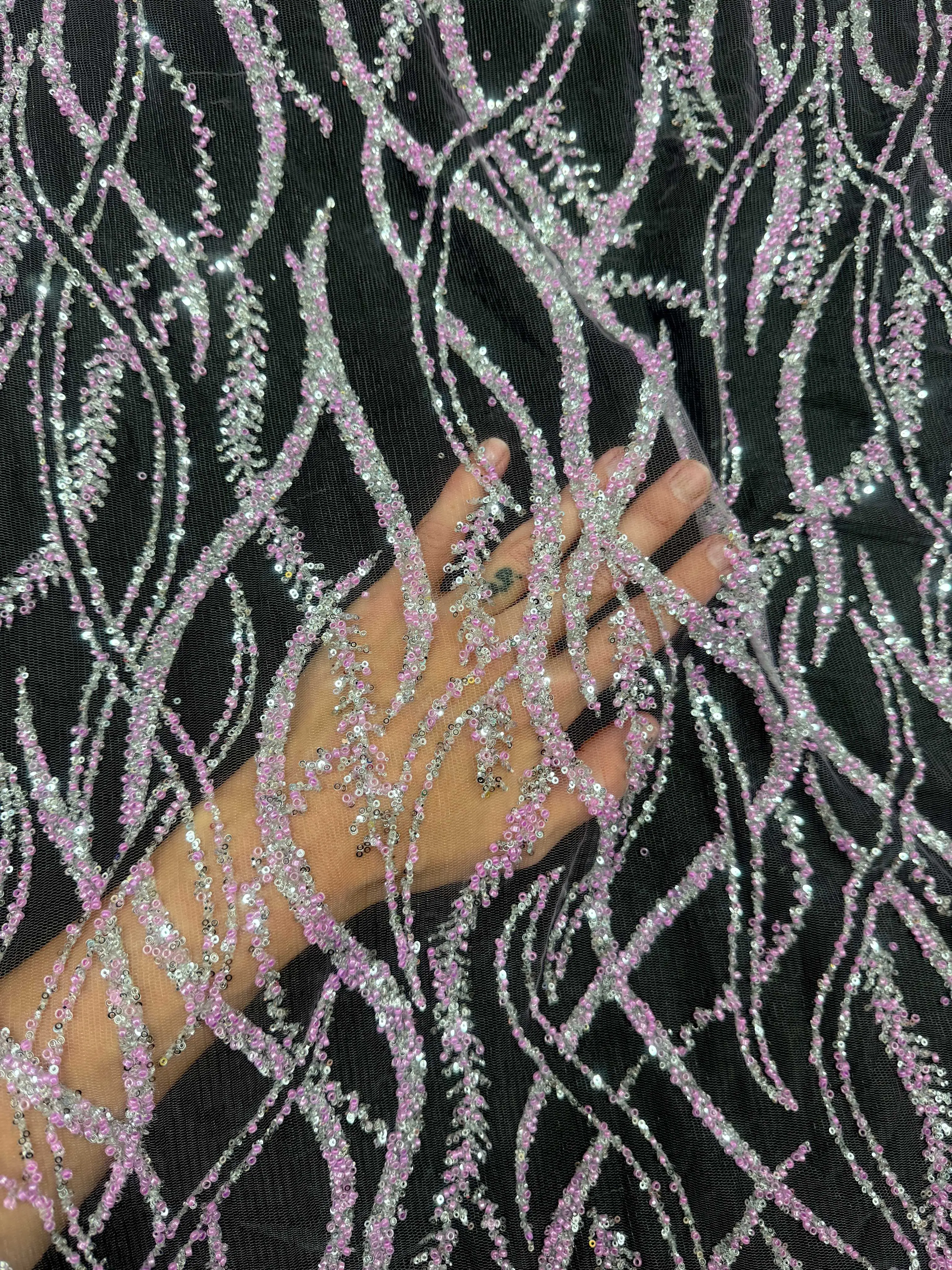 Lavender/Silver Wave Design Glitter Lace Mesh