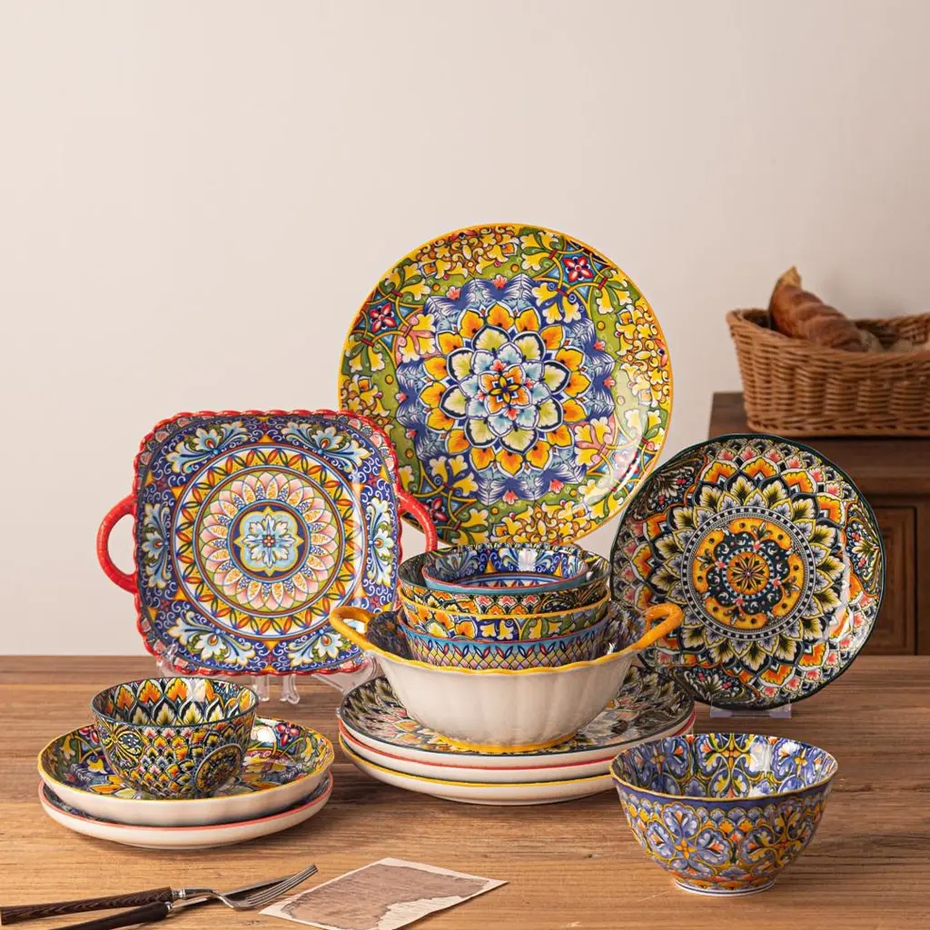 8-piece ceramic dinnerware set, Bohemian style, available in three colors, includes oatmeal bowl, pasta bowl, double-handled salad bowl, double-handled plate, side dish plate, microwave-safe and dishwasher-cleanable, Tableware Set