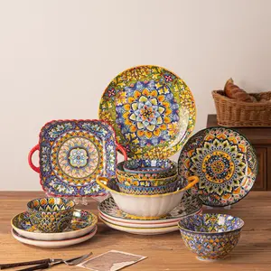 8-piece ceramic dinnerware set, Bohemian style, available in three colors, includes oatmeal bowl, pasta bowl, double-handled salad bowl, double-handled plate, side dish plate, microwave-safe and dishwasher-cleanable, Tableware Set