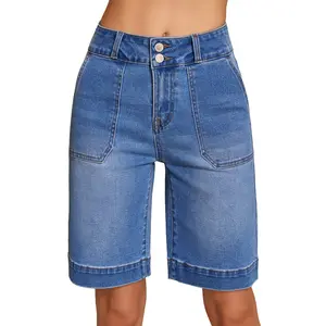 Sidefeel Womens Bermuda Jean Shorts High Waisted Tummy Control Stretchy Denim Shorts with Pockets Womenswear Button