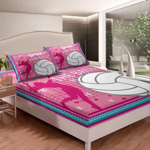 Volleyball Girls Fitted Sheet Volleyball Court Player Bedding Set,Ball Sports Deep Pocket Sheet for Kids Women Youth Room Decor Fashion Cute Pink Bed Sheet