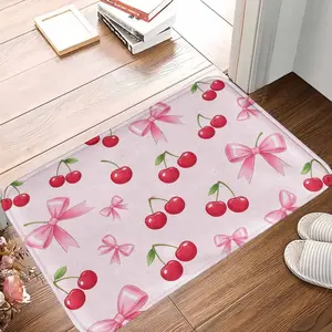 Cute Pink Coquette Mat Bow Knot Cherry Print Non Slip Washable Rug Soft Bath Mat Bedroom Carpet Aesthetic Room Decor Gift For Teen Girl Dorm Preppy Style