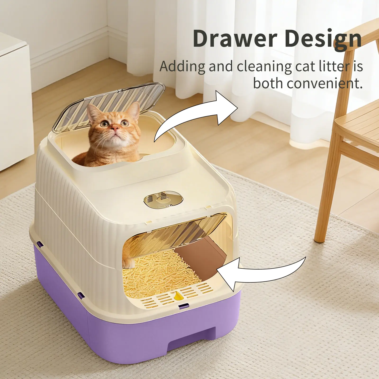 Splash-proof enclosed cat litter box with a shovel and front lift cover; easy-to-clean plastic cat litter box, suitable for large cat supplies.
