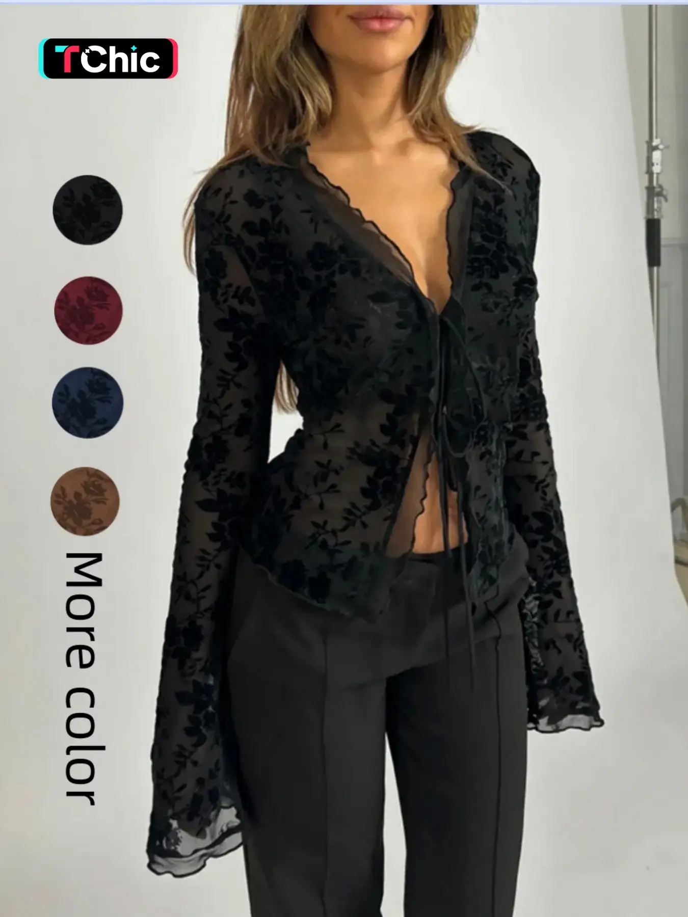 Elegant Aesthetic Floral Slim-Fit Ruched Flounce Flared Sleeve Top for Women, Sexy Transparent Mesh Top for Spring & Fall, Clothes, Fabric