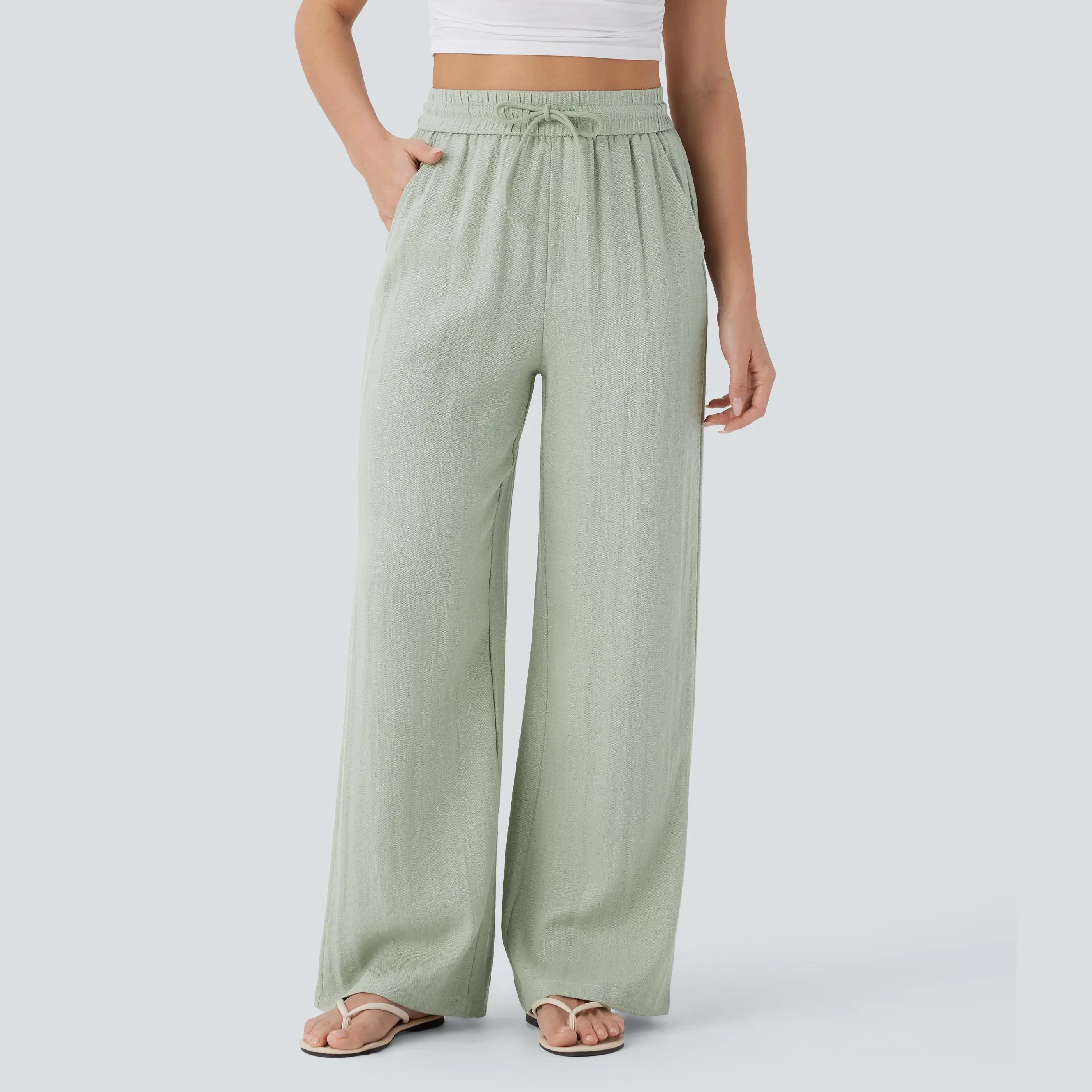 [Creator’s Pick] Lady Women’s Basic High-Waisted Drawstring Pocket Wide-Leg Casual Linen-Feel Trouser Bottom, Sports & Outdoor Joggers