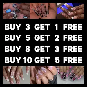 Buy 10 Get 5 Free! [Machine-Made] 24pcs Press-On Nails with Rhinestones & Flowers – French Style Glue-On Nails for Women & Girls Full Cover Shiny Glitter Long Lasting Quality