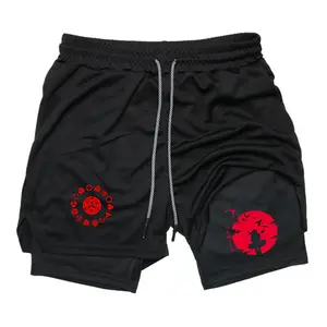 Sharingan Uchiha Itachi Men's 2-in-1 Double Layer Drawstring Gym Shorts, Stretchy Quick Dry Athletic Training Shorts with Liner