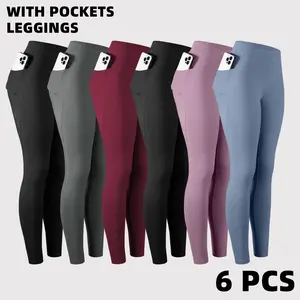 Women's 6-Pack High-Waisted Leggings Leg, Ultra-Soft Stretch Slim Yoga Pants with Pockets, Assorted Colors