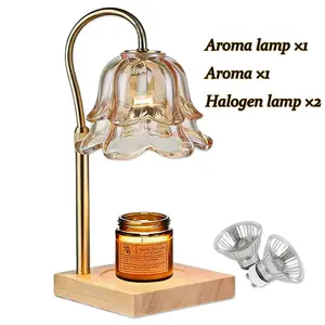 Tulip Shaped Flameless Candle Warmer Lamp Dimmable Timer Function Height Adjustable Wooden Base Candle Melting Light For Home Bedroom Living Room Office Decor Aromatherapy