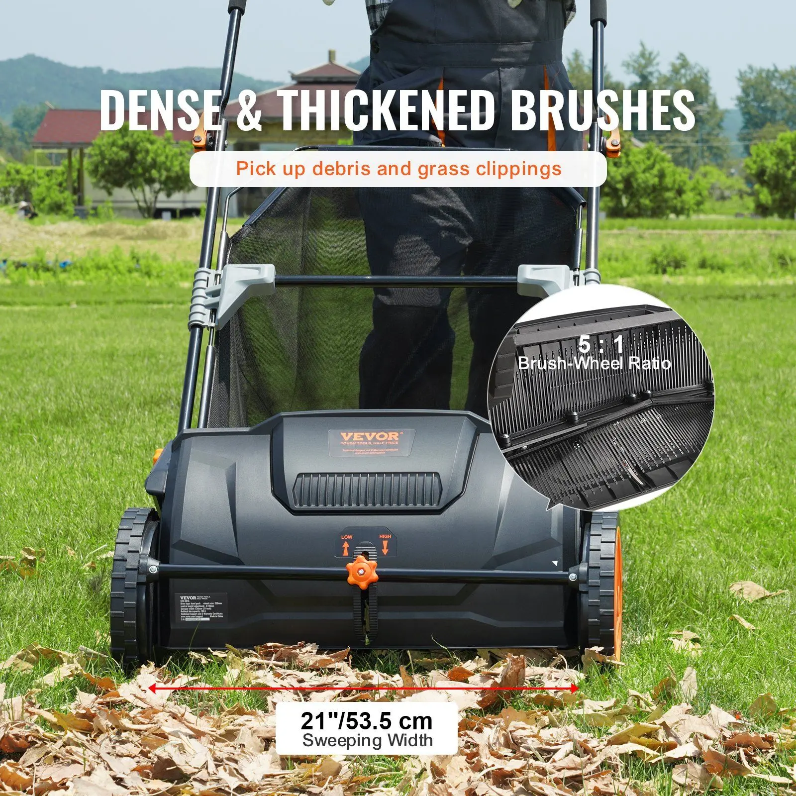 VEVOR Push Lawn Sweeper with Grip Handle, 21"/53.5 cm Sweeping Width, 2 Spinning Brushes, Strong Rubber Wheels, Heavy-Duty Thick Steel Build, 3.5 cu. ft. Mesh Hopper Bag for Leaf Cleanup