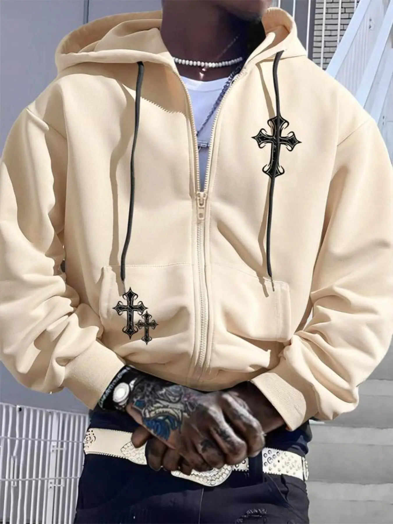 This men's graphic printed drop-shoulder zip-up fitted hoodie features a stylish and casual regular fit with drawstring pockets, making it suitable for everyday wear, vacations, and outdoor activities, Drawstring Hooded Sweatshirt