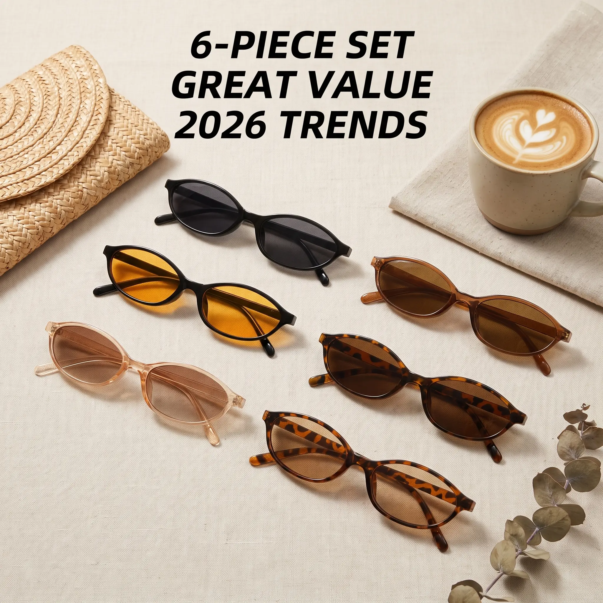 〖Summer Vibes〗6PCS Retro Oval Sunglasses for Women Chic Cat Eye 90s Sunnies Lightweight Narrow Shades Trendy UV Protection Sunglasses Vintage Rich Girl Sunglasses Women Sunglasseswomen summerwins