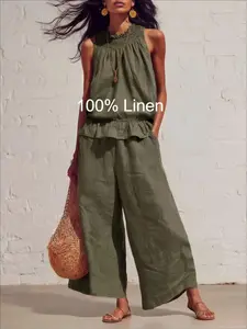 Ladies elegant temperament in spring and summer commuting fashion relaxed retro Bohemian style ruffled cotton and linen two-piece suit.