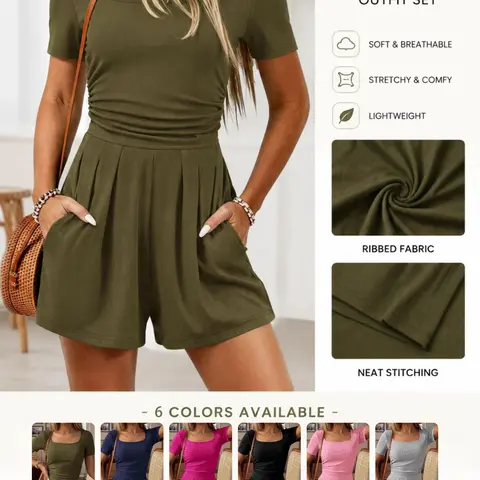 Summer New Comfortable Polyester Ribbed Fabric Fitted Short Romper for Women, Casual Office Wear