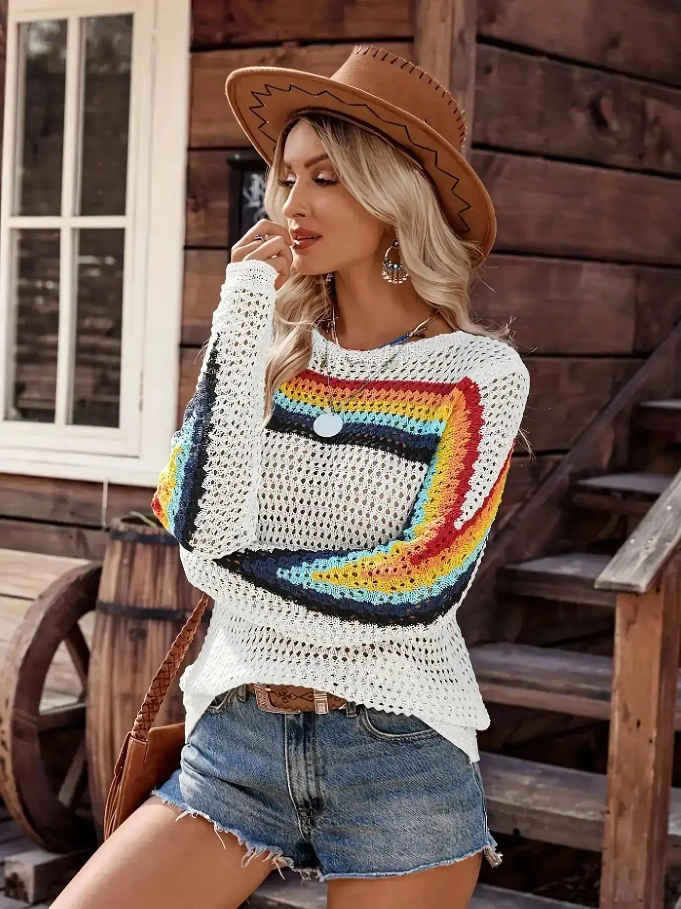 Rainbow Striped Crochet Knit Sweater, Boho Casual Jumper, Boho Hollow Out Long Sleeve Round Neck Fitted Pullover Top, Casual Breathable Mesh Knit Shirt For Women, Summer Spring Beach Vacation Bohemian Outfit