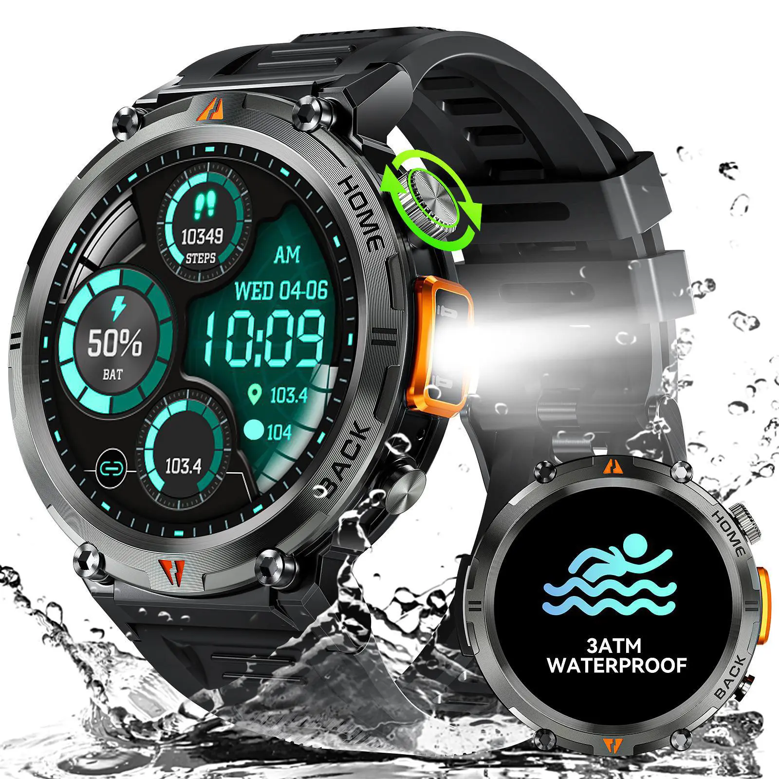 EIGIIS KE3 Smart Watch for Men with LED Flashlight (Call Receive/Dial), 1.45 Inches HD Screen Outdoor Smartwatch, Sports Watch with 100+ Sports Modes Multi-functions Digital Watch for Android Phone Wearable Device Tech Gifts for Men Charging