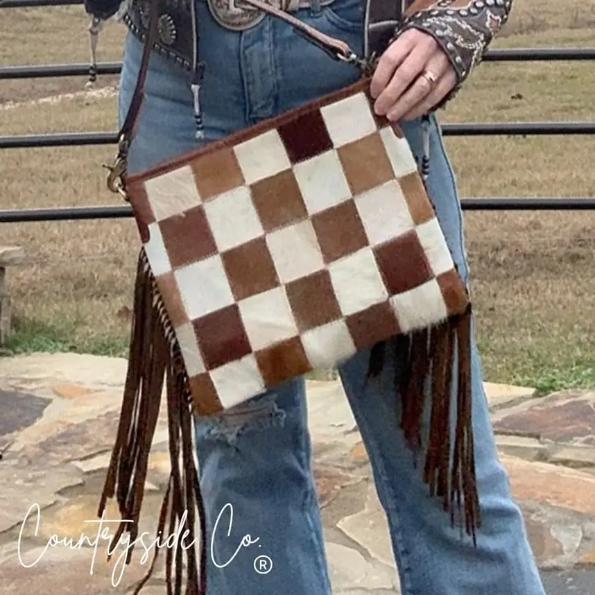Women's Genuine Leather Checkered Crossbody Bag - Longhorn Trail Design Adjustable Shoulder Bag, Genuine Leather Purse, Leather Crossbody Bags