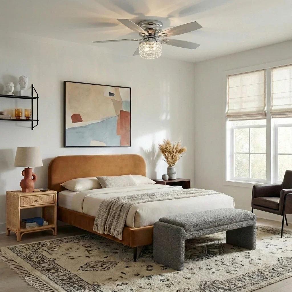 52" Panipat Modern Chrome Flush Mount Crystal Ceiling Fan with Light & Remote Control