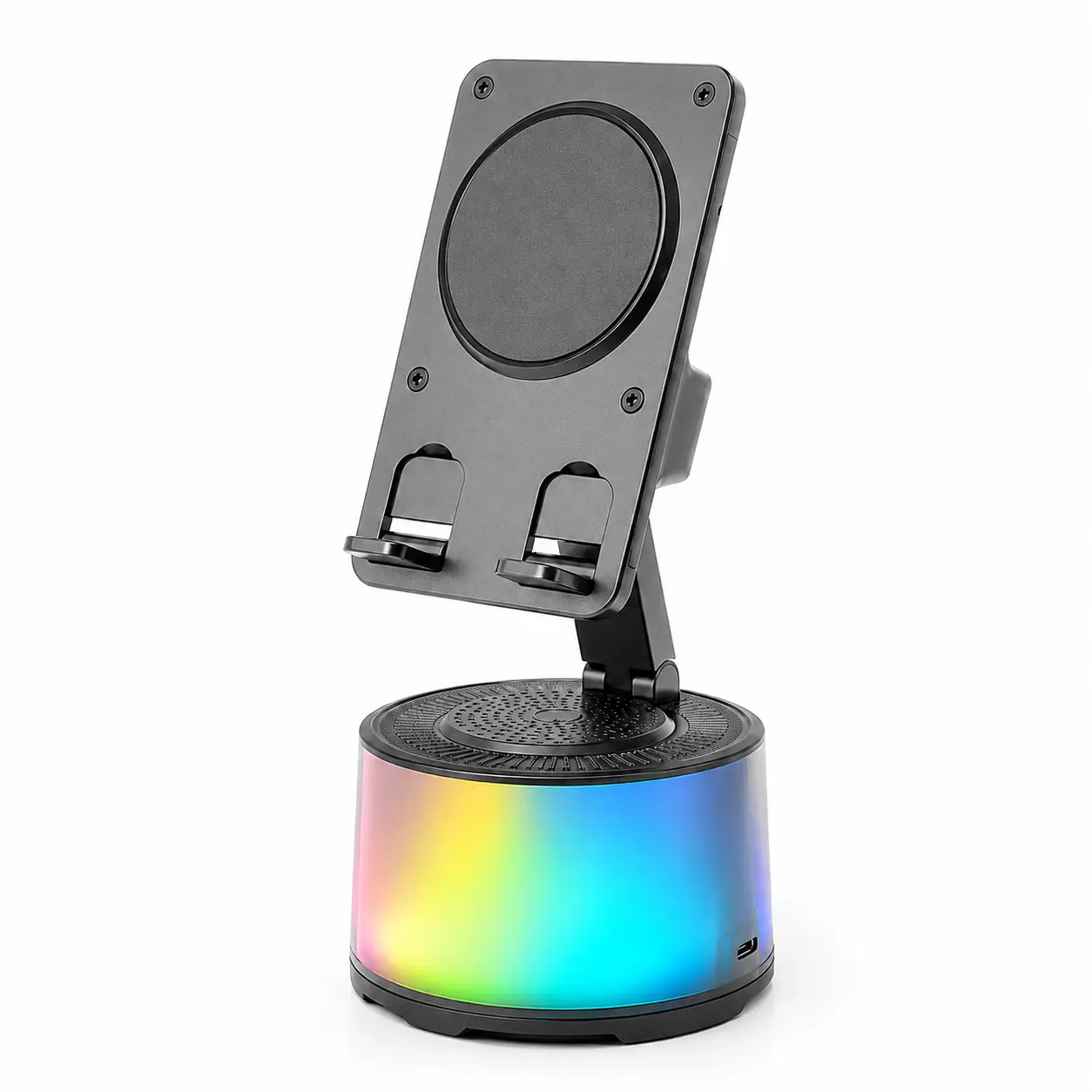 Wireless Induction Audio Bluetooth Speaker 5in1 Phone Holder Emergency Rechargeable (3000mAh) with Colorful Ambient Light 300° Foldable for Tablet iPhone Android, Gifts for Men Women (Black)