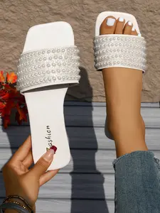 Women's Large Size Square Toe Sandals, Casual Rhinestone Flat Shoes, Summer Artificial Leather Slip-On Slippers, Fashion Beach Shoes