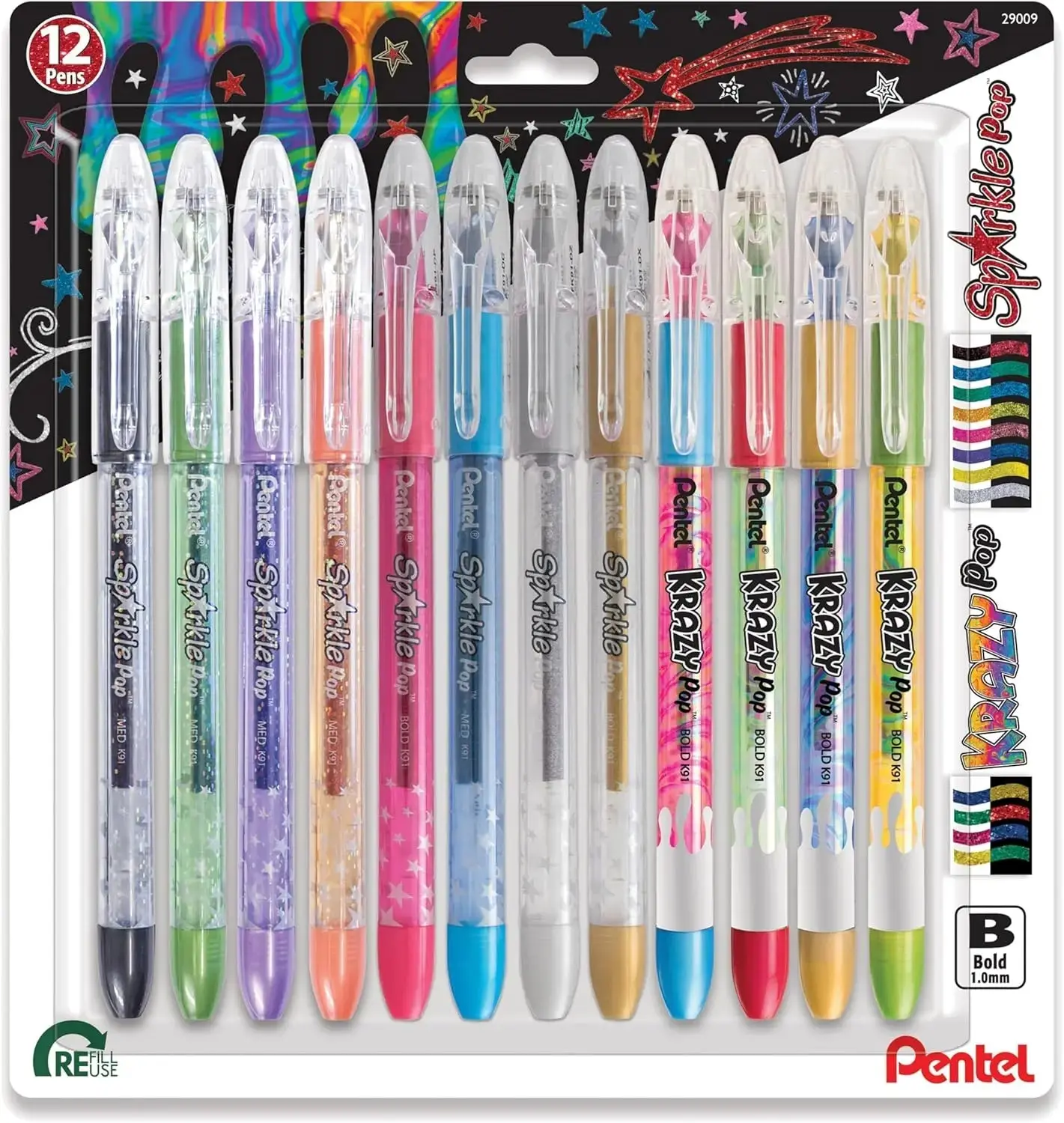 Pentel Sparkle and Krazy Pop Metallic Gel Pens, 1.0mm Bold Line, Assorted Ink Colors, 12-Pack Office Writing Supplies, Multicolor Pen, Smooth Writing Pens