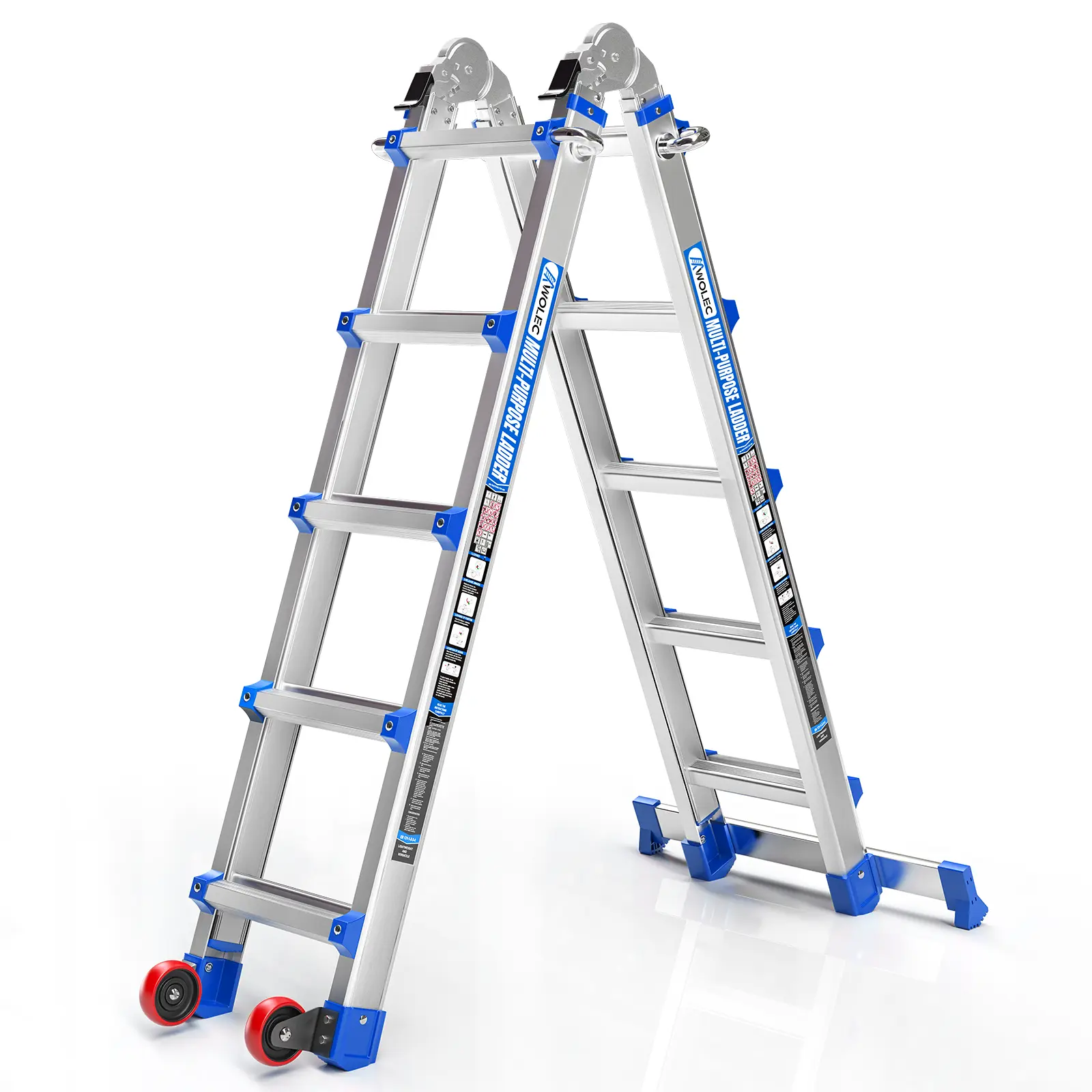 WOLEC Ladder, aluminum frame telescopic ladder with stabilizer bar and wheels, heavy duty 330 lb maximum capacity, foldable multi-position ladder for home, RV, outdoor