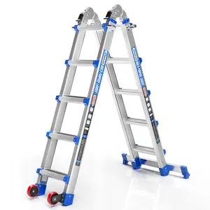 WOLEC Ladder, aluminum frame telescopic ladder with stabilizer bar and wheels, heavy duty 330 lb maximum capacity, foldable multi-position ladder for home, RV, outdoor