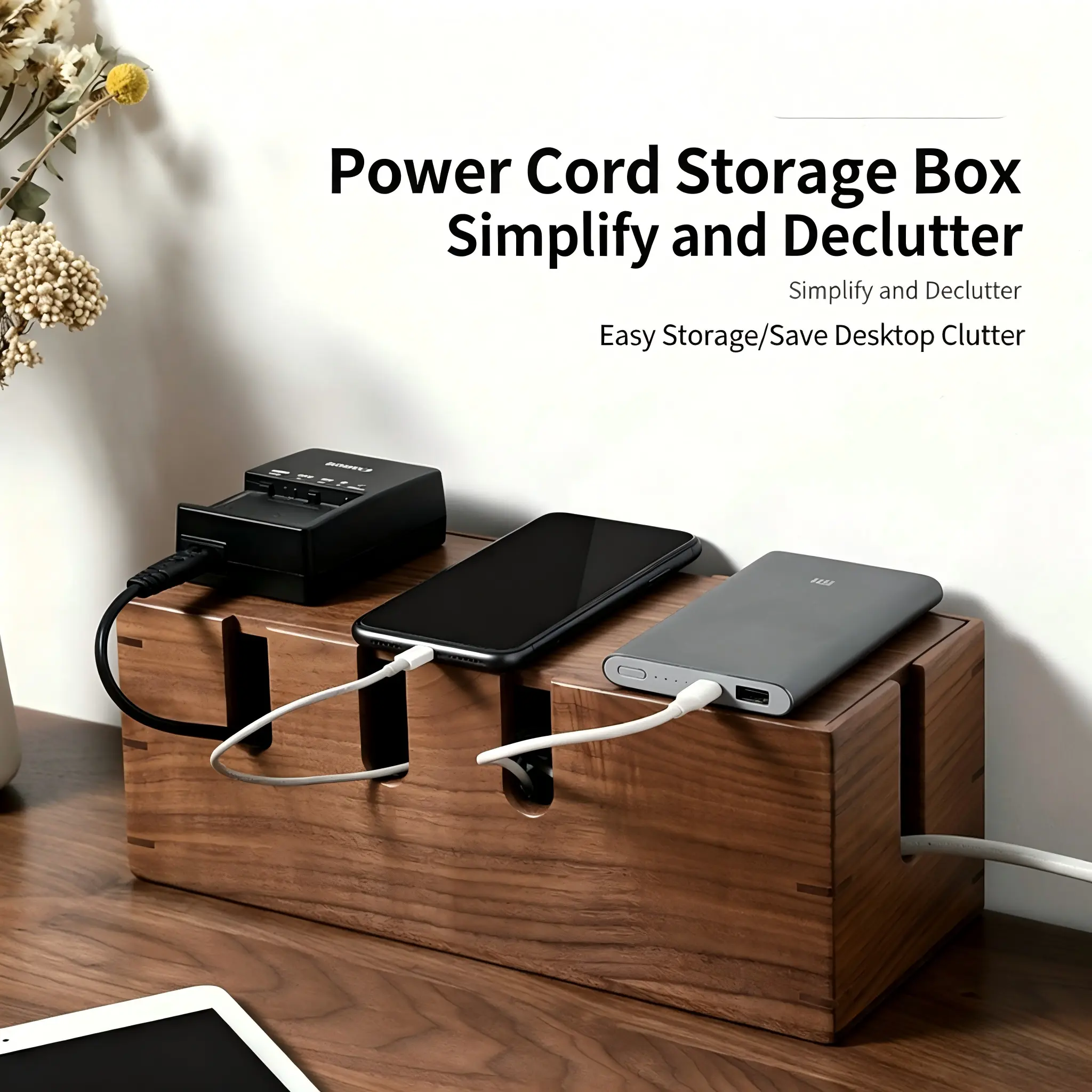 Solid wood cable management box, wooden socket storage cord concealer, suitable for power strips, wire storage, TV cables, desktop and floor wires, cable organizer for offices and household electrical wires