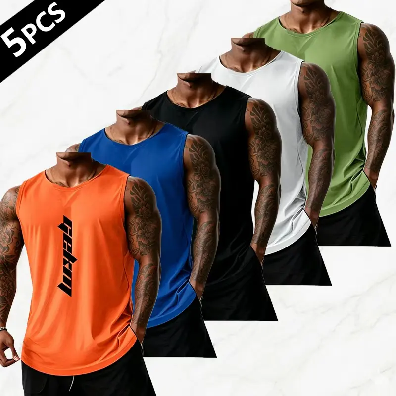 Men’s 5-Pack Activewear Sleeveless Athletic Apparel Tops – Summer Lightweight Quick Dry Breathable Sports Vest, Solid Color American Basketball Style for Outdoor Running Training Casual Beach Use