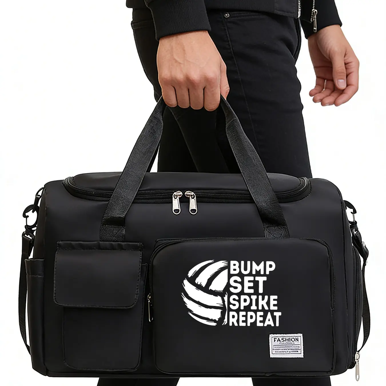 Volleyball Bump Set Spike Repeat Print Large Capacity Fashion Gym Bag, Athletic Bag, Sport Bag, Ball Bags, Waterproof Crossbody Travel Bag, Multifunctional Mommy Bag