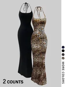 2-Piece Leopard Print and Solid Color Floor-Length Bodycon Cami Dress Set, Stretch Fabric with Strap Design, Available in Brown and Black, Perfect for Date Night OOTD, Coquette Aesthetic and Fashionable Y2K Revival, Womenswear