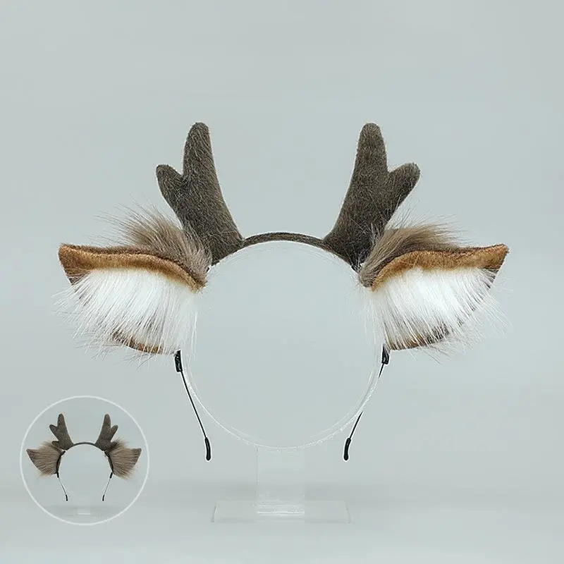 Whimsy Deer Horn Design Headband with Furry Animal Ears - 1-Count Party Costume Accessory for Cosplay, Festival Dress-Up (Festive & Party Supplies), Animal Motif Headband, Deer Antlers Headband