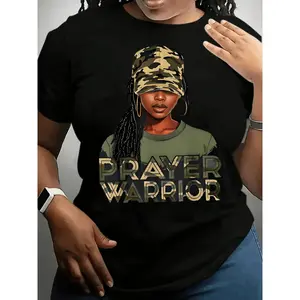Plus Size, Women's Praying Warrior T-Shirt - Black with Green Camo & Prayer Hands Design, Faith-Based Apparel, Short Sleeve Crew Neck Casual Tee, Regular Fit for Church, Prayer Groups, Casual Attire - Machine Washable Suitable for All Seasons