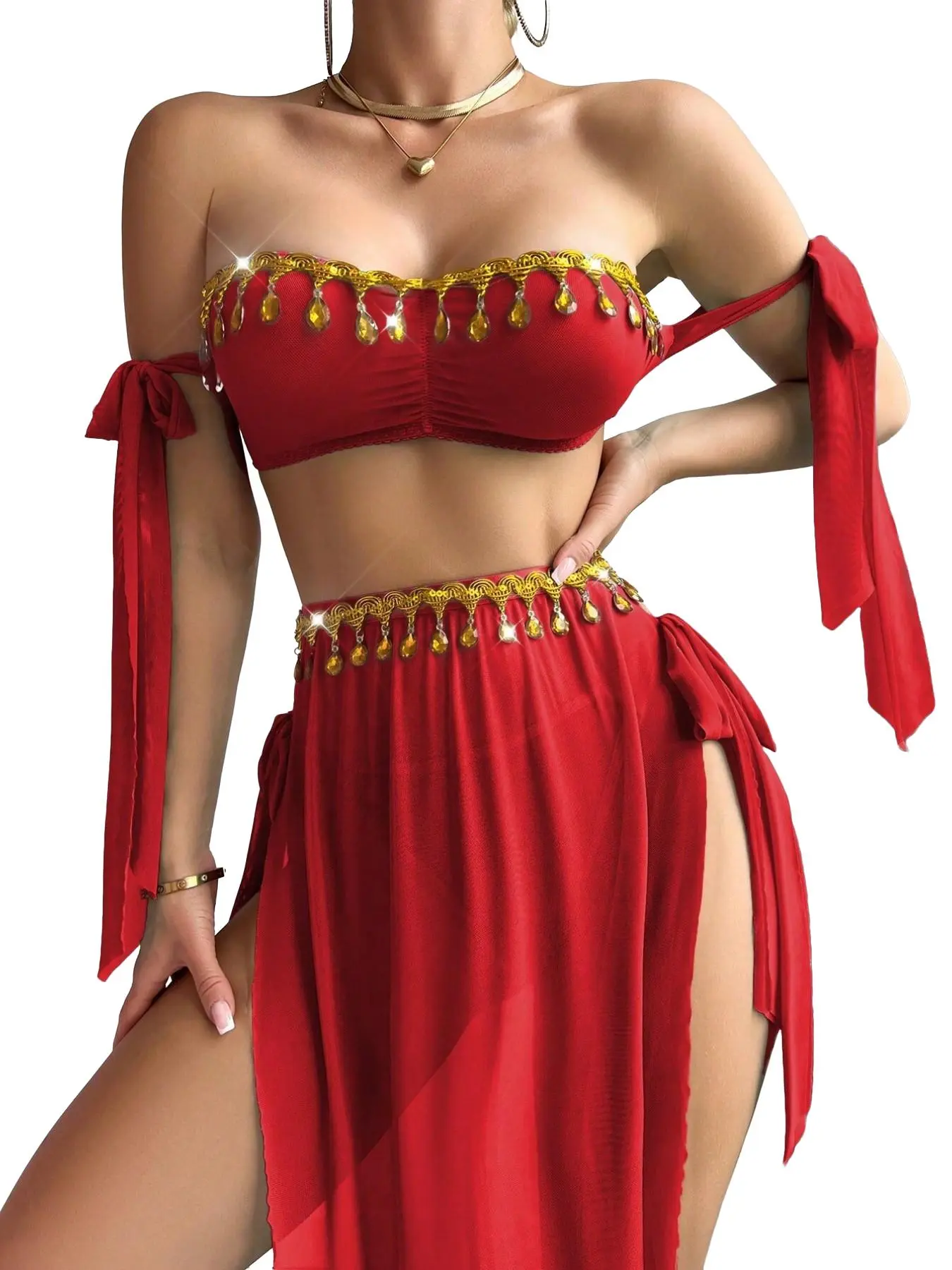 Slim Intimates Red & Gold Belly Dance Lingerie Set – Sheer Mesh Bralette & Skirt Roleplay Outfit, Romantic Nightwear, S-XL
