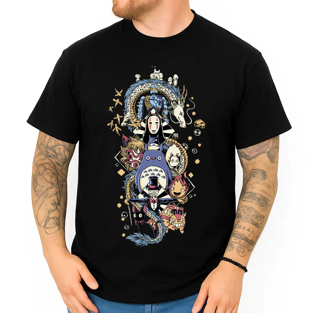 Women's Ghibli Anime T-Shirt - Loose Fit Graphic Top with Totoro & No Face, Comfortable Everyday Tee with Seamless Collar and Durable Bottom, Fabric, Soft, Tshirt, Printed, Anime Fan Art Print Women's T-Shirts, Graphic Print