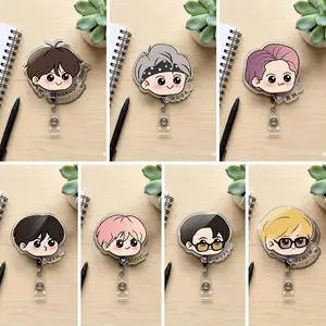 Kawaii Chibi Idol Sparkly Retractable Badge Reel Cute Boy Group Inspired Acrylic ID Holder For Kpop Fan Nurse Teacher Gift Accessory