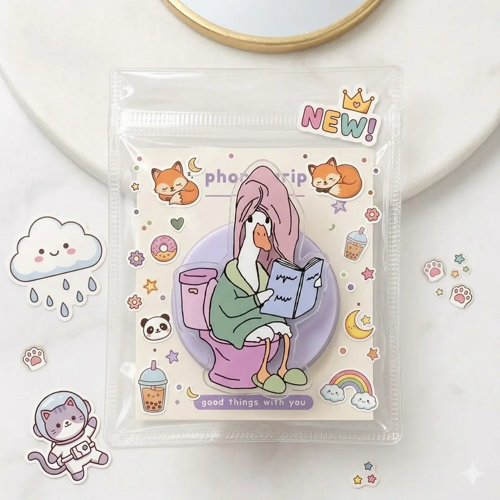 Sassy Bird Phone Grip – Cute Cartoon Duck Reading on Toilet, Funny Kawaii Phone Holder for Teens & Students