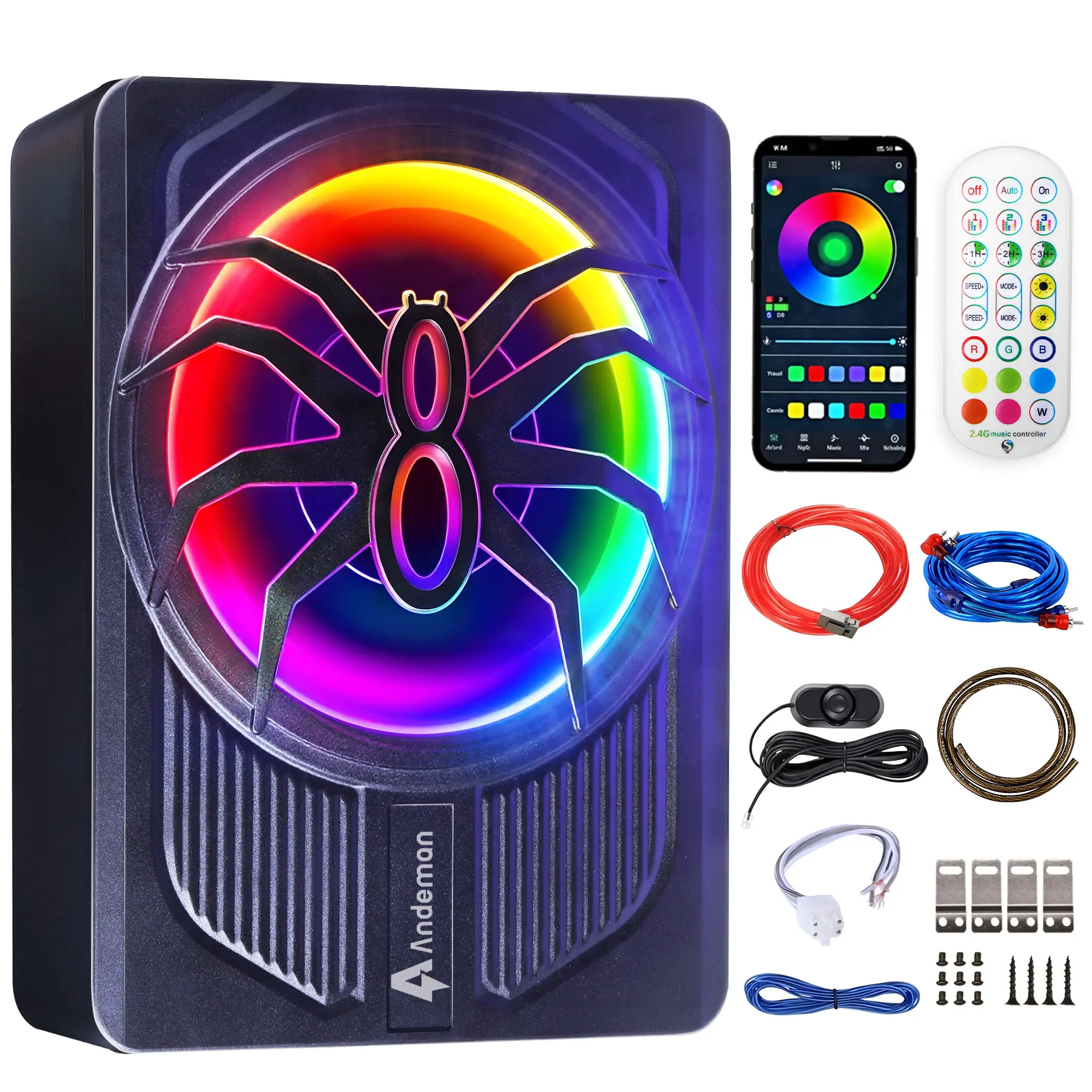 ANDEMAN 10in Powered Car Subwoofer Speaker - Car Audio System with Color Light, App, Remote Control, Heavy Bass Stereo Sound System