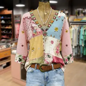 Cherrybetty 100% Cotton Retro Floral Embroidered V-Neck Half Sleeve Cotton Top Spring Fashion Blouse Women Going Out Tops Comfort Elegant Outfits