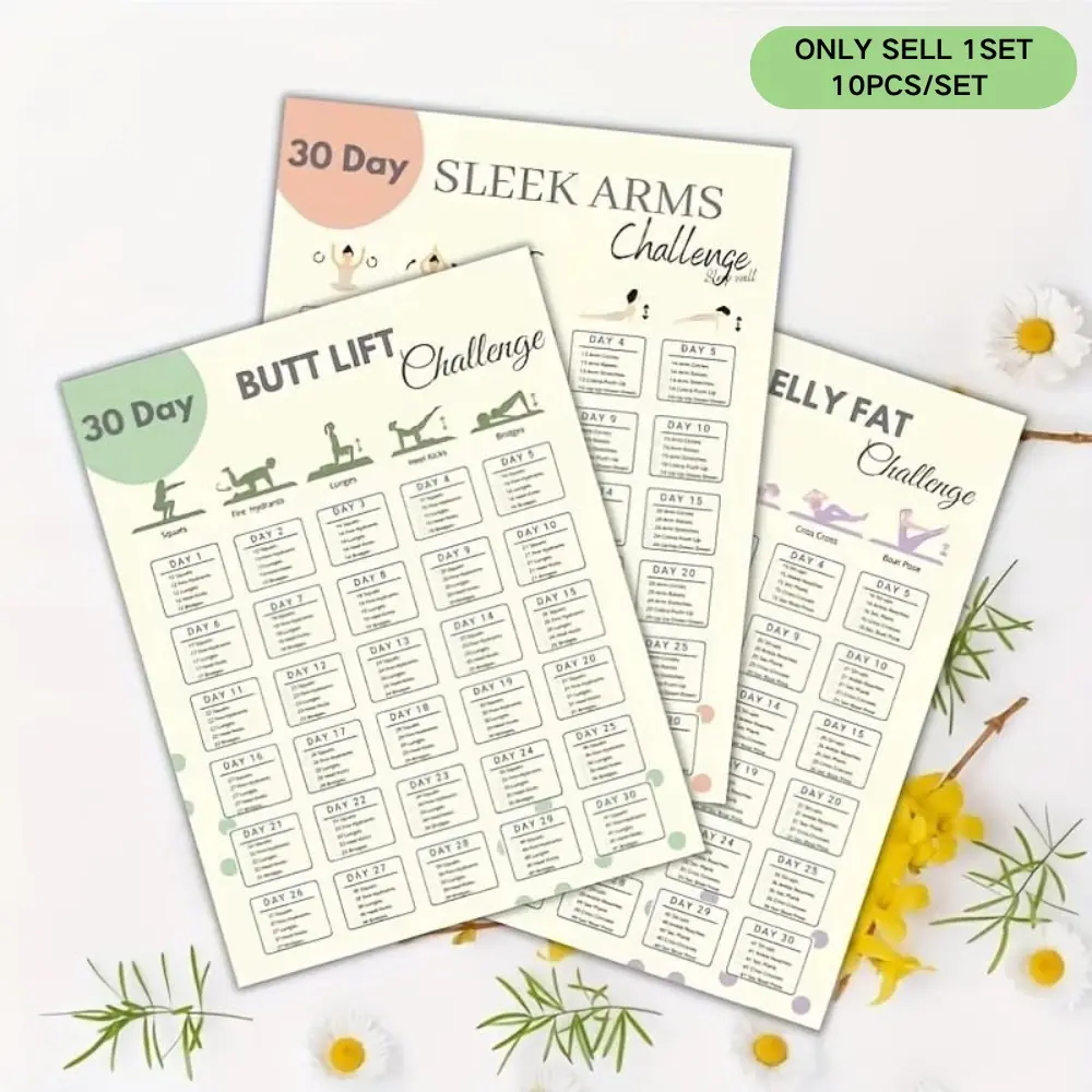 10-Piece 30-Day Body Toning Poster Print Bundle Home Fitness: Home Workout Plans for Slimmer Arms, Thighs, Butt & Flat Stomach，Living Room Restaurants, Pool Hallstyler, Set, Wall Decor Pictures