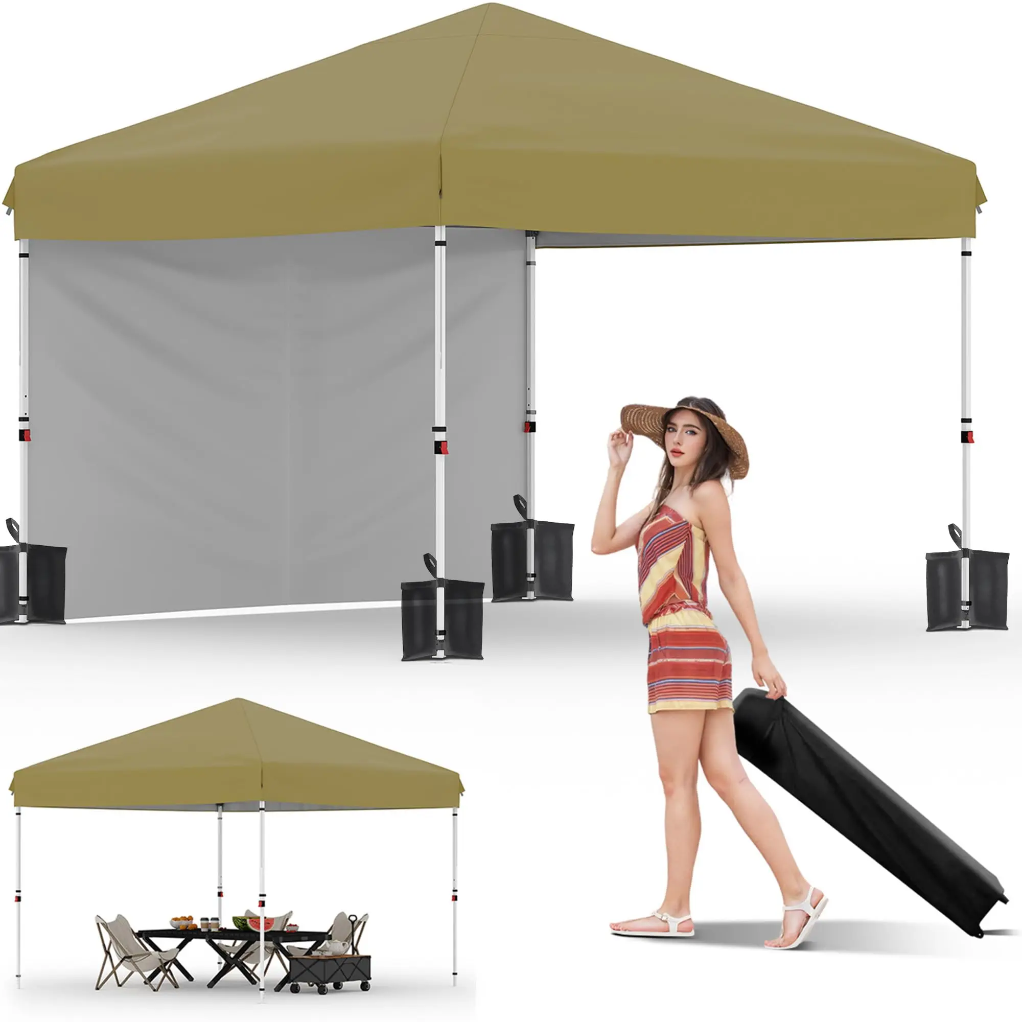 GAOMON Khaki 10x10 Pop Up Canopy Tent with 1 Removable Sidewall, Heavy Duty Commercial Instant Shelter with One-Person Setup, UPF 50+ Waterproof, 100 Sq Ft Shade for Outdoor Events, Camping, Farmers Market