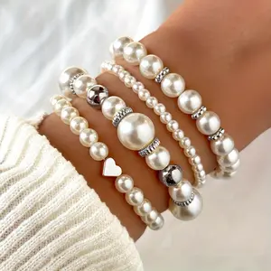 Set of 4 Imitation Pearl CCB Beads Positioning String Bracelets for Women, Featuring a Easy And Sexy Design, Perfect for Stacking And Versatile Wear