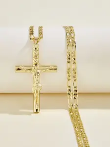 Fashion Hip Hop Jesus Crucifix Pendant Necklace, Copper Plated 14k Religious Jewelry, 24 Inch Figaro Chain for Daily Wear