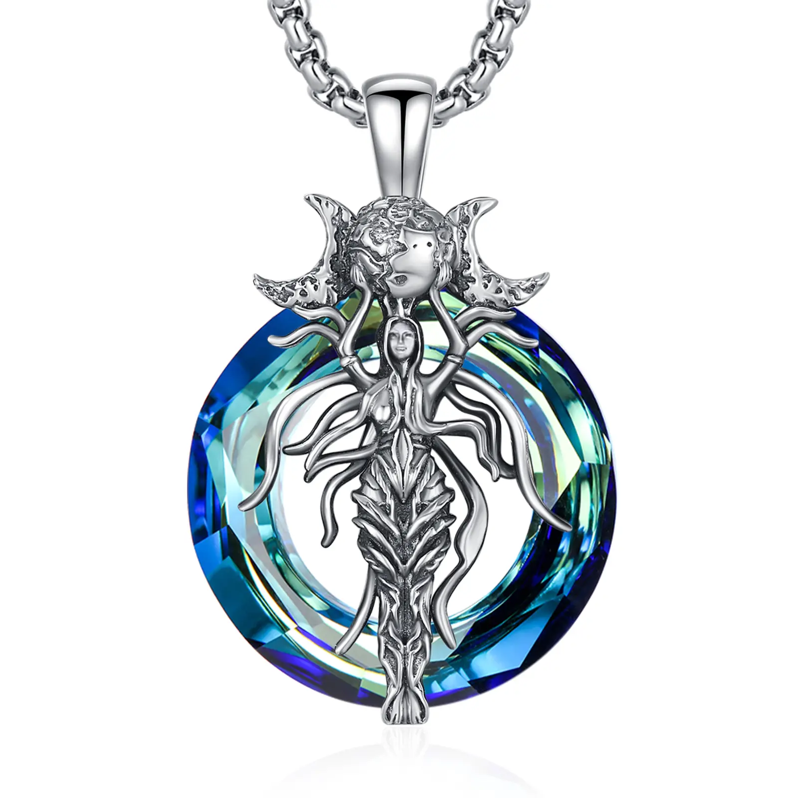DRINSPER Hecate 925 Sterling Silver Pendant Necklace for Women, Round Crystal Amulet for Feminine Power, Moon Goddess Pagan Witchcraft, Anti-Tarnishing, Jewellery Pendant, Pendants Jewelry