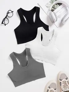 Women's Solid Wireless Athletic Sports Bra, Breathable Comfortable Seamless Chest Pad Design Sports Bra, Ladies Casual Sportswear for Indoor Outdoor Wear, Breathable Underwear