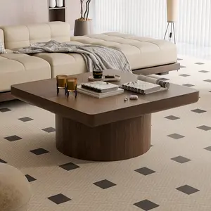 34.6'' Square Coffee Table for Living Room, Modern Wood Veneer Top with Parquet Pattern & Cylindrical Base, Thickened Tabletop, Easy Assembly