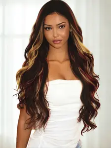 3-Tone Highlight 13x4 Lace Front Wig Black Red Brown Highlight Wig Pre Plucked Hairline Free Part Body Wave Wig Heat-Resistant Synthetic Wig for Women Daily Wear 28 Inches Lace Frontal Wigs